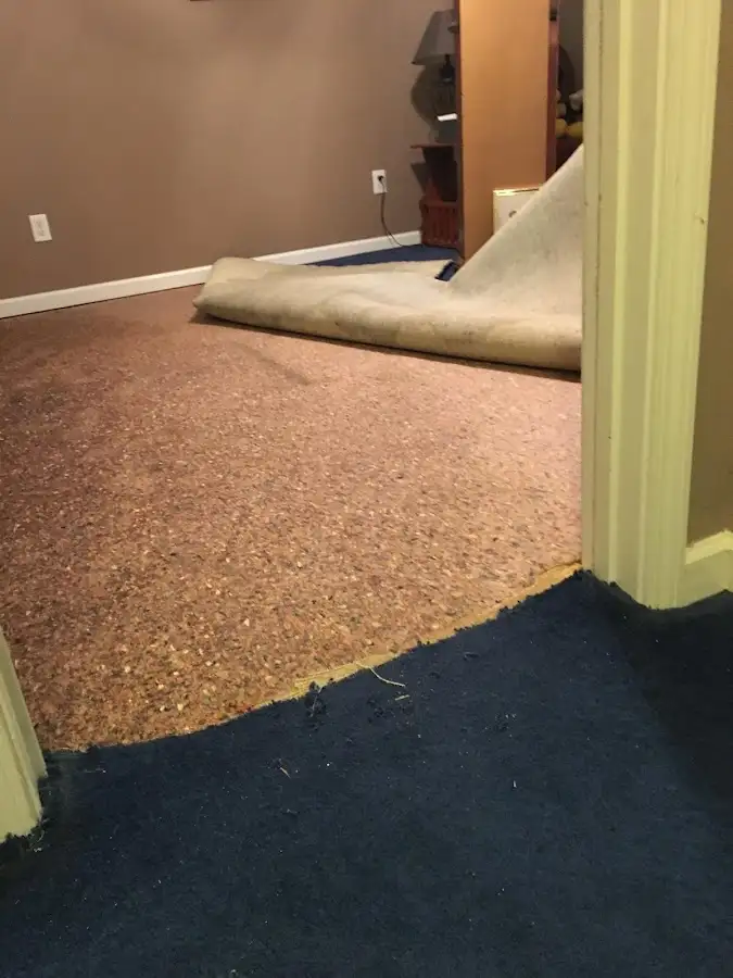 Carpet pad removal revealing water damage during Water Mitigation Services in Tremonton